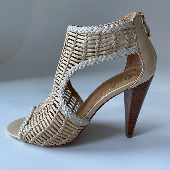 cream leather Vince Camuto woven high heel peek toe ankle bootie - Picture 2 of 9